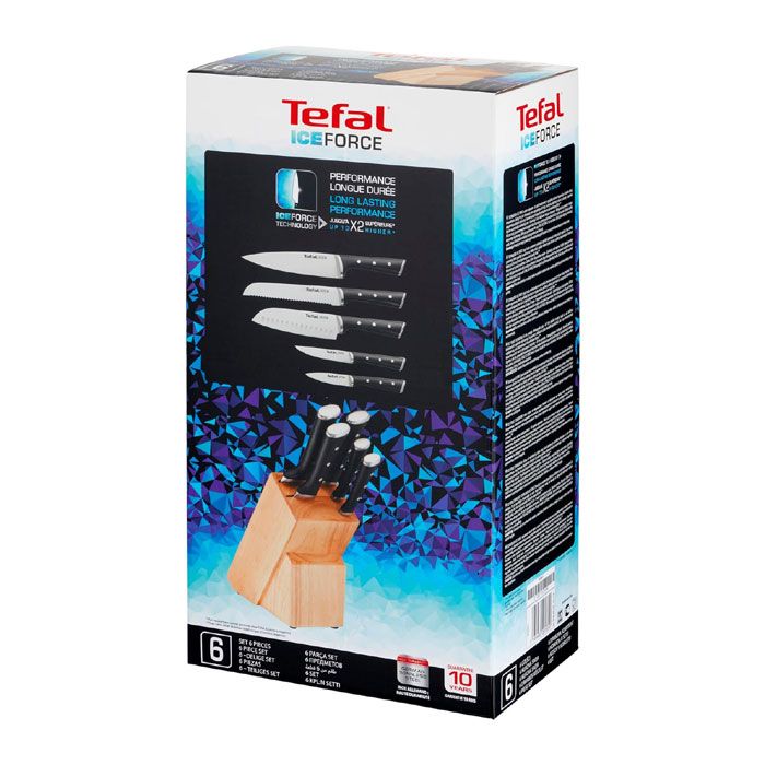 Tefal Ice Force Wooden Block with 5 Knives: Chef Knife 20 cm, Bread Knife 20 cm, Santoku Knife 18 cm, Paring Knife 11 cm, Carving Knife 9 cm